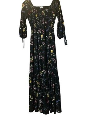 Black floral maxi smocked tiers sleeves cottagecore romantic feminine tiered